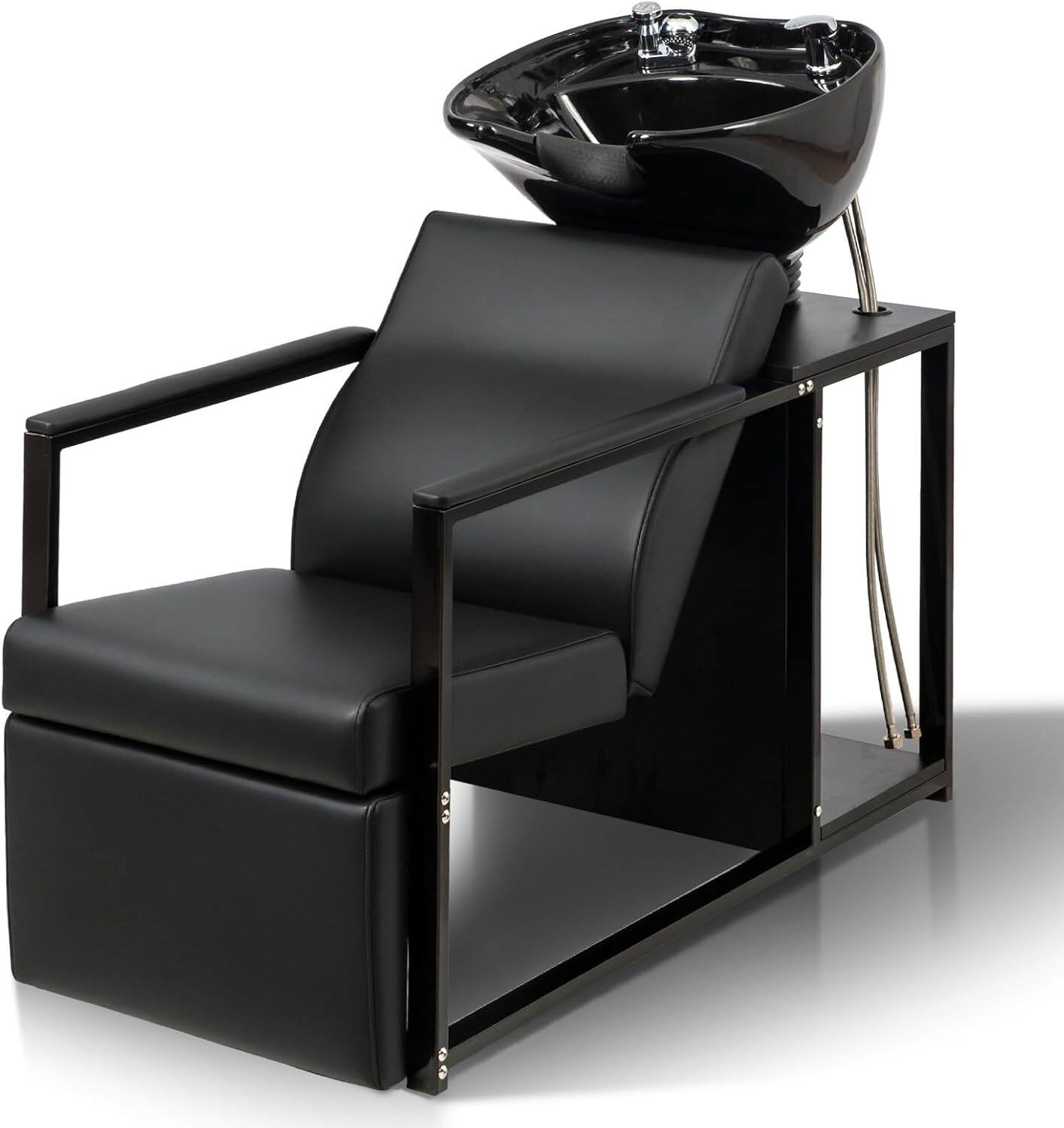 Angle. Winado - Barber Shampoo Chair Backwash Unit with Porcelain Sink & Retractable Sprayer & Storage Shelf & Neck Rest for Beauty Spa - Black.