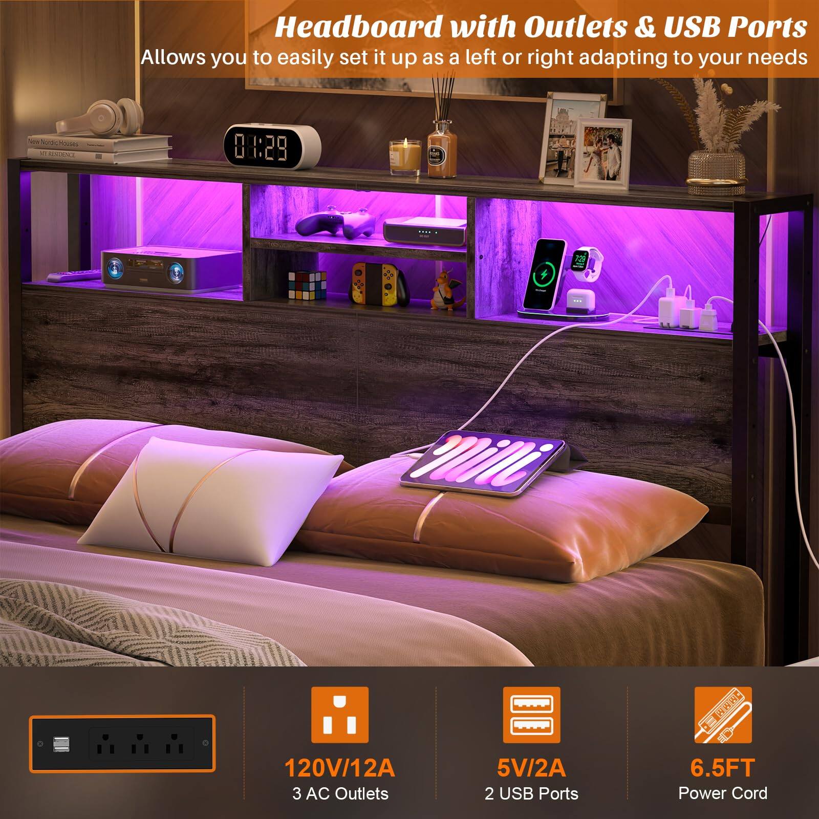 Headboard with Outlets & USB Ports  
Allows you to easily set it up as a left or right adapting to your needs  

- 120V/12A  
- 3 AC Outlets  
- 5V/2A  
- 2 USB Ports  
- 6.5FT Power Cord
