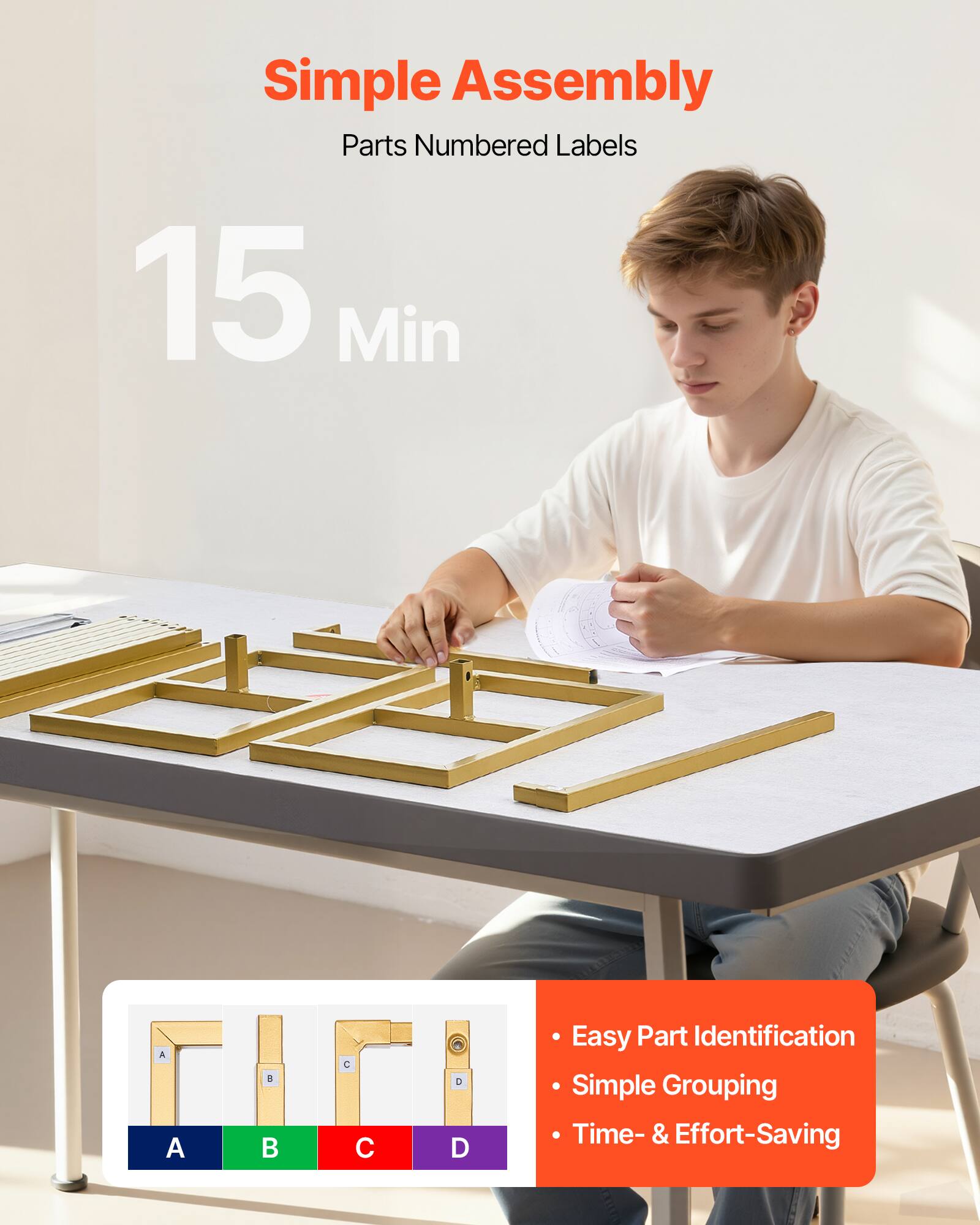Simple Assembly  
Parts Numbered Labels  
15 Min  

- Easy Part Identification  
- Simple Grouping  
- Time- & Effort-Saving  

A B C D