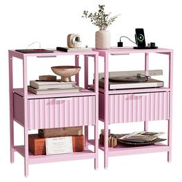 Winado - Set of 2 Fluted Nightstand with Charging Station Fabric Drawer and 2 Shelves USB Type-C AC Outlets Front Bedside Table - Pink