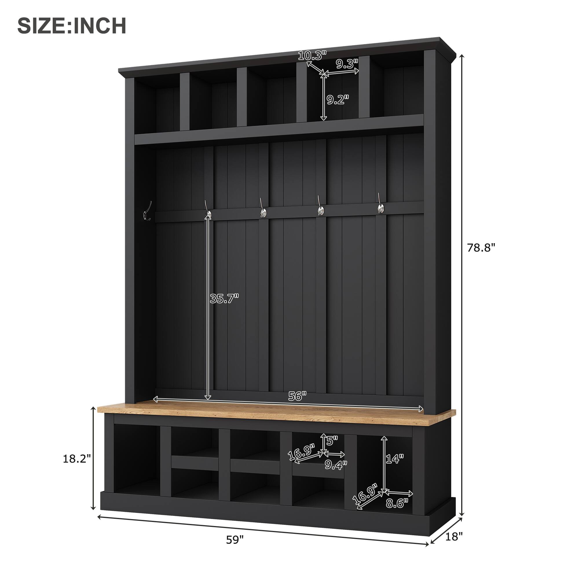 SIZE: INCH  
10.3" 9.3" 9.2" 78.8" 35.7" 56" 18.2" 16.9" 9.4" 14" 16.9" 8.6" 59" 18"