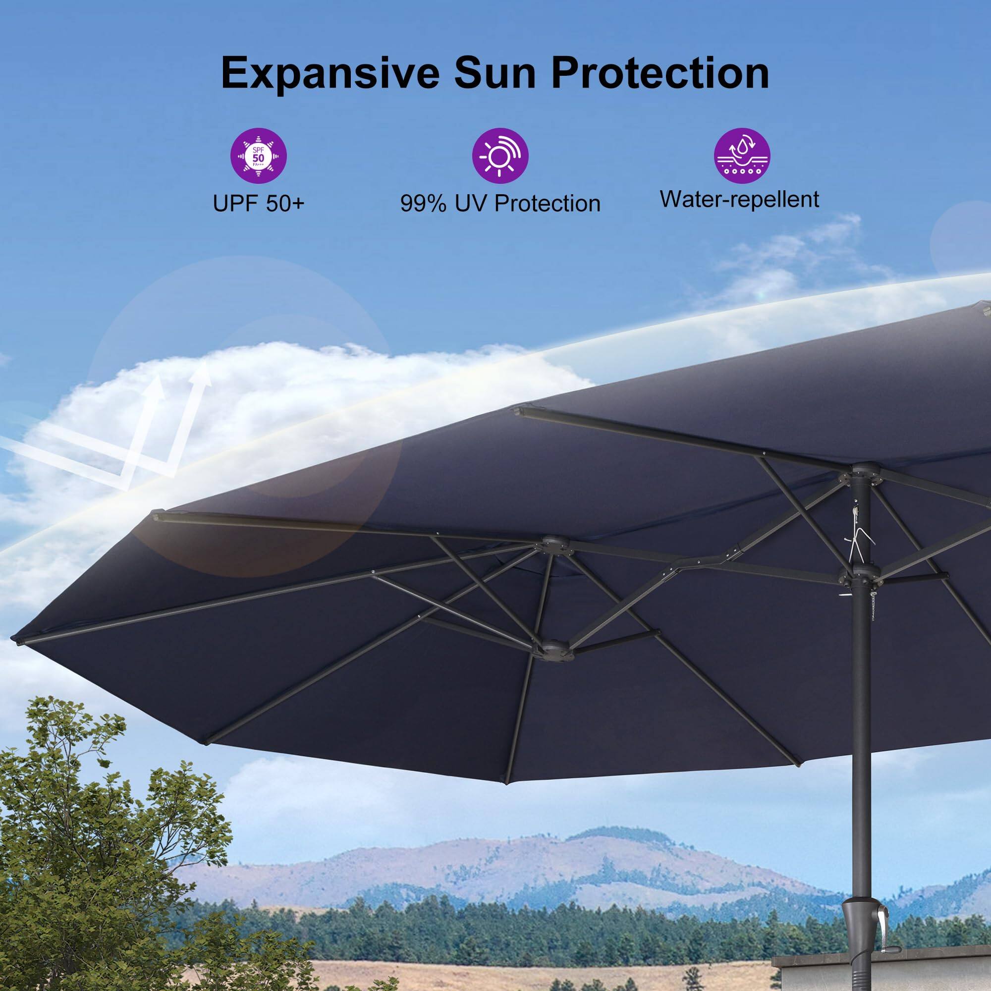 Expansive Sun Protection

- UPF 50+
- 99% UV Protection
- Water-repellent