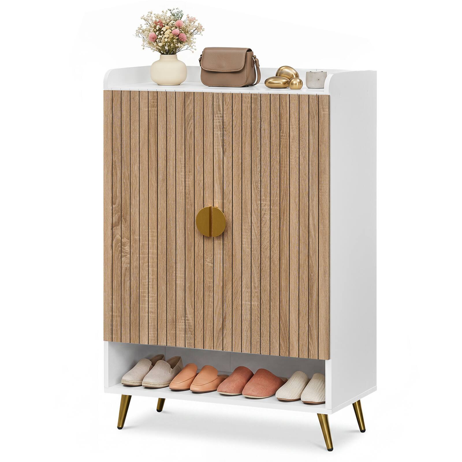 Alt View 1. Costway - Costway 44" 7-Tier Tall Shoe Storage Cabinet with Doors, Adjustable Shelves & Metal Legs - Natural + White.