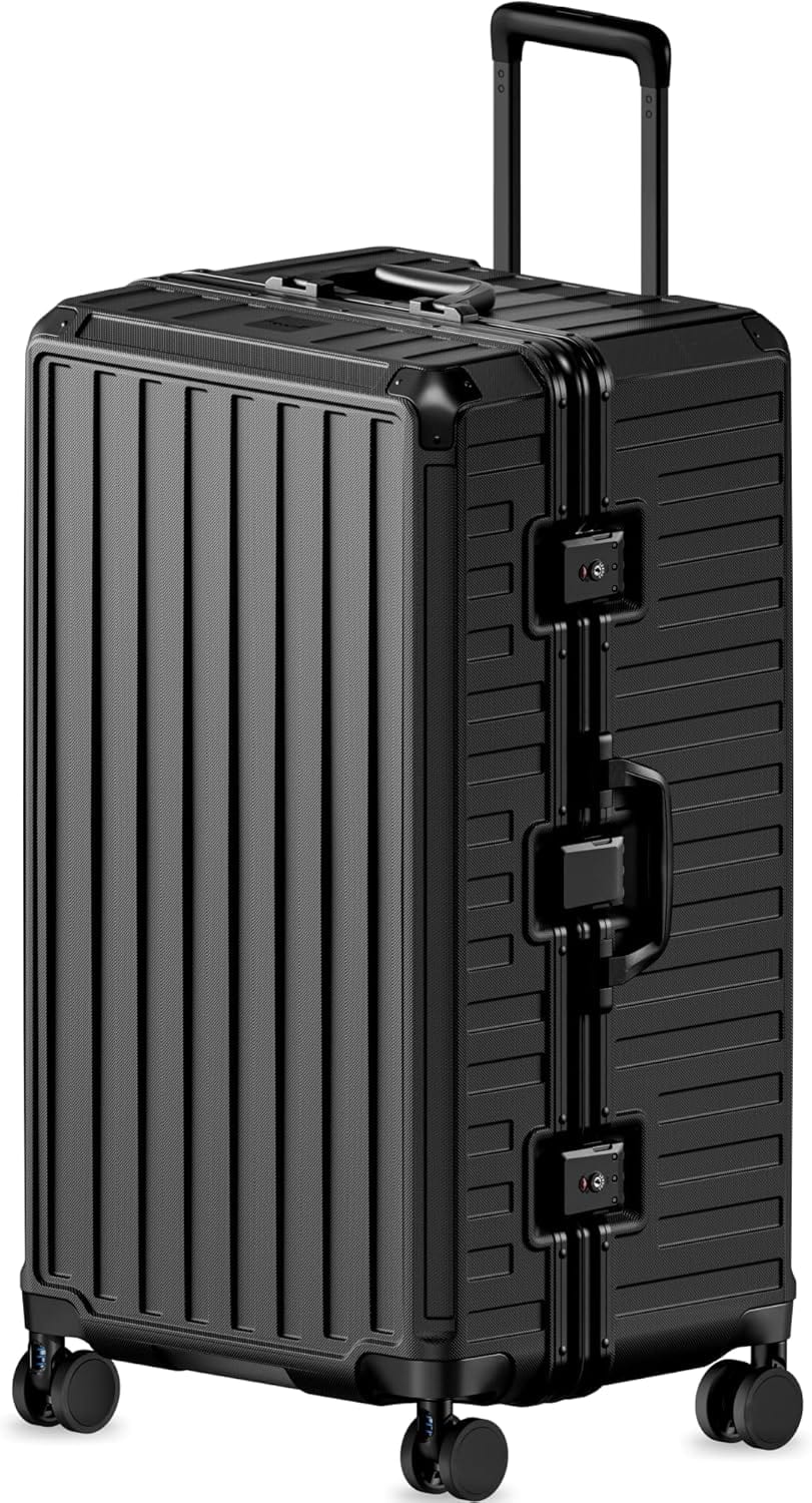 LUGGEX - 30 Inch Checked Luggage, Aluminum Frame PC Hardside Suitcase with Spring-Loaded Spinner Wheels - 8010S - Black