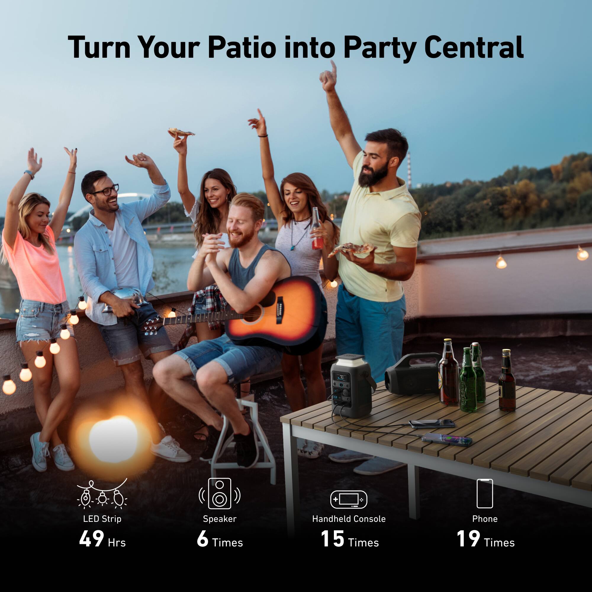 Turn Your Patio into Party Central

LED Strip 49 Hrs
Speaker 6 Times
Handheld Console 15 Times
Phone 19 Times