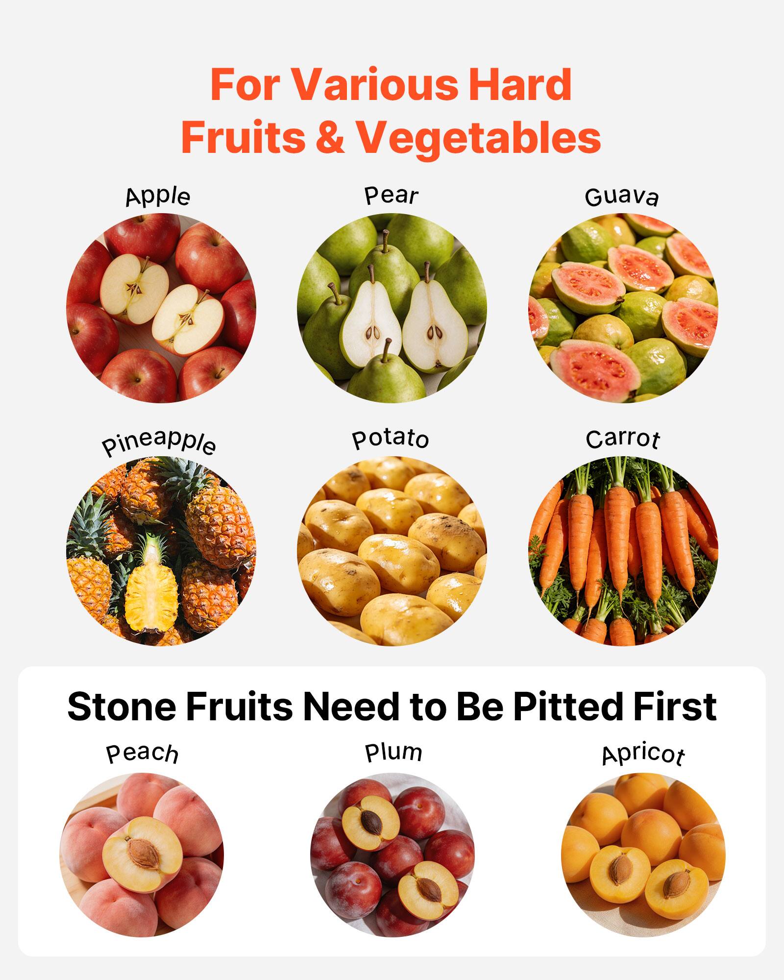 For Various Hard Fruits & Vegetables  
Apple  
Pear  
Guava  
Pineapple  
Potato  
Carrot  

Stone Fruits Need to Be Pitted First  
Peach  
Plum  
Apricot