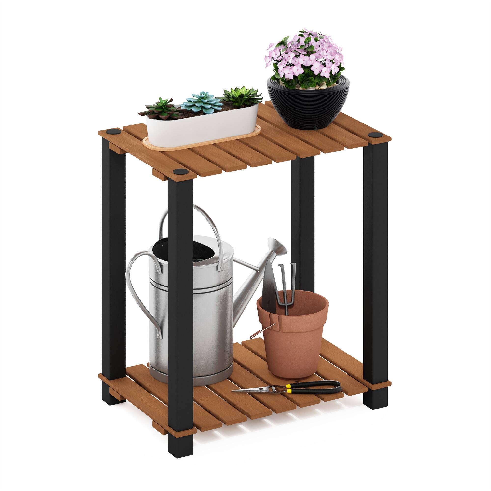 Alt View 3. Furinno - Pangkor 2-Tier Turn-N-Tube Indoor Outdoor Plant Shelf Small Rectangle Wood Stand with Square Poles - Natural/Black.
