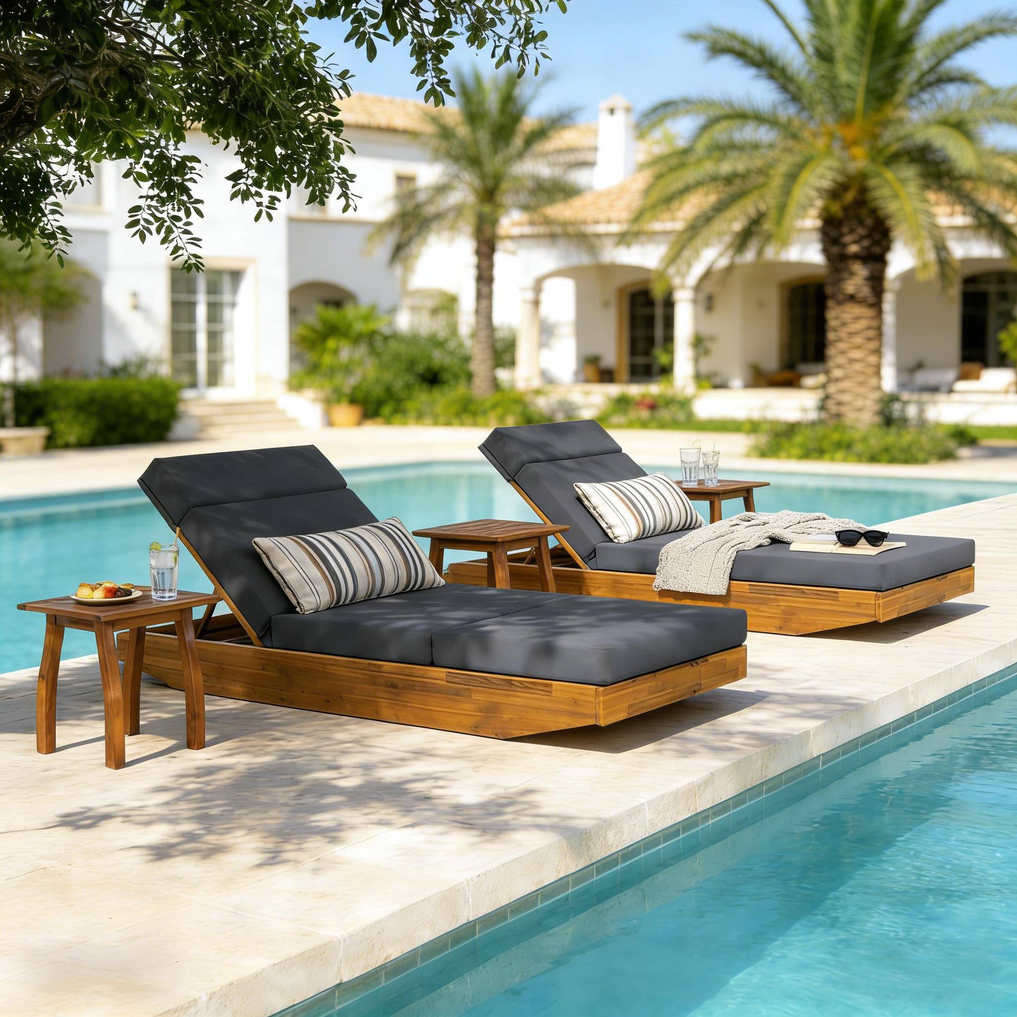 Left. Anysun - Modern Acacia Wood Outdoor Chaise Lounge with Adjustable & Foldable Design, Water-Repellent Cushion - Dark Gray.