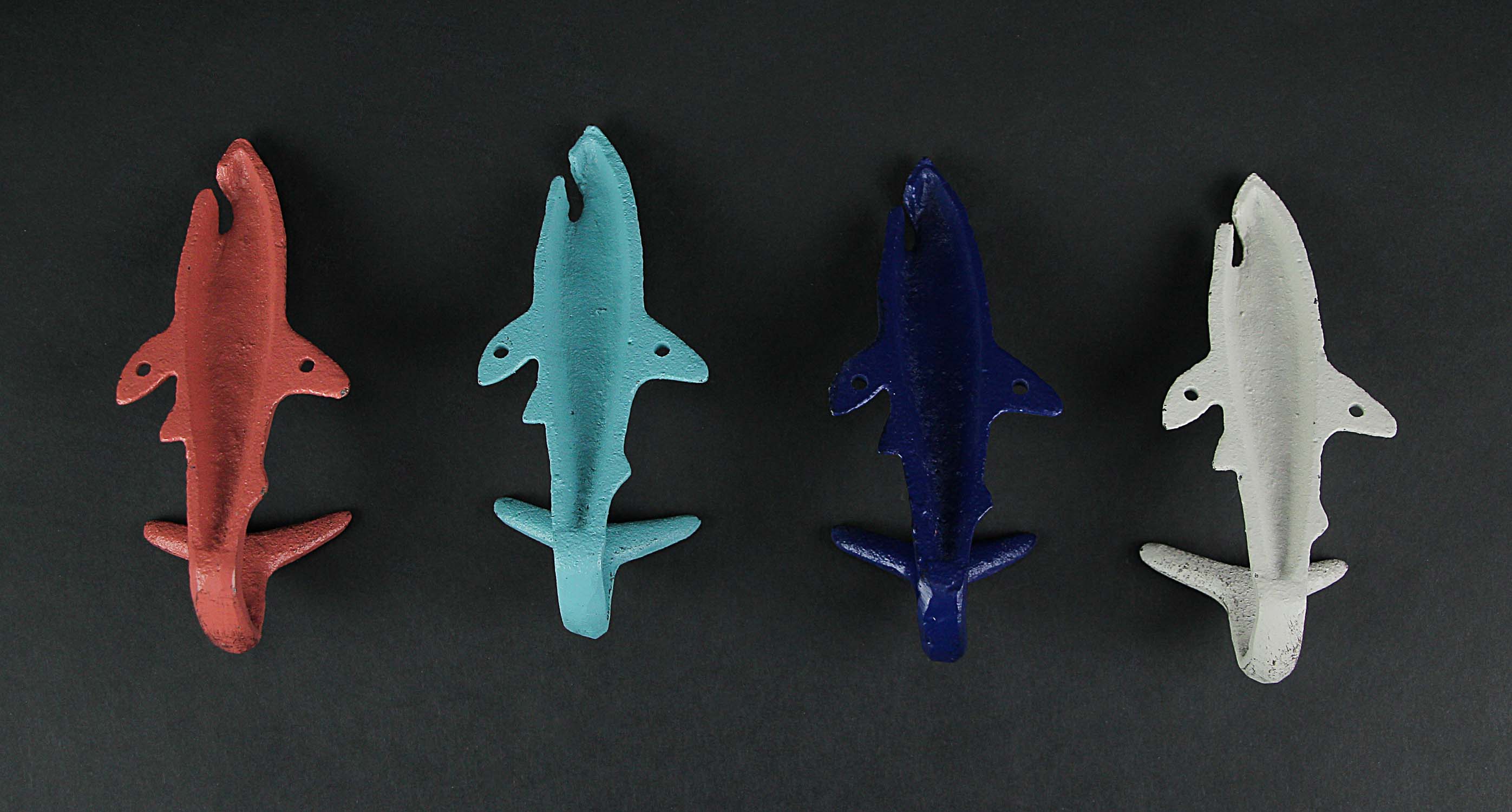 Alt View 8. Zeckos - 4 Piece Distressed Finish Cast Iron Shark Wall Hook Set Coastal Beach Colors - Multicolored.