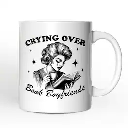 OrnamentallyYou - Crying Over Book Boyfriends Mug, Retro Anti-Valentine Funny Gift - White