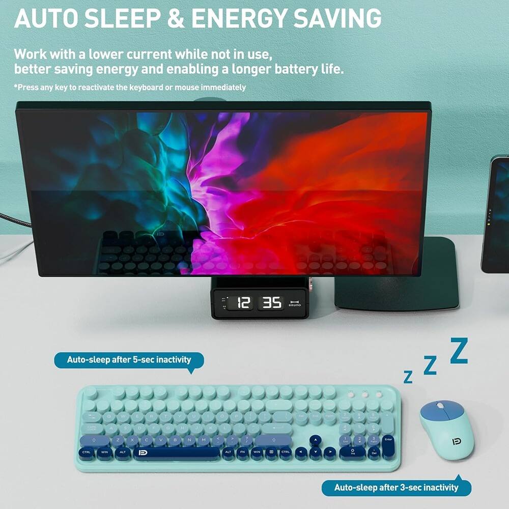 AUTO SLEEP & ENERGY SAVING

Work with a lower current while not in use, better saving energy and enabling a longer battery life.

*Press any key to reactivate the keyboard or mouse immediately

Auto-sleep after 5-sec inactivity

Auto-sleep after 3-sec inactivity