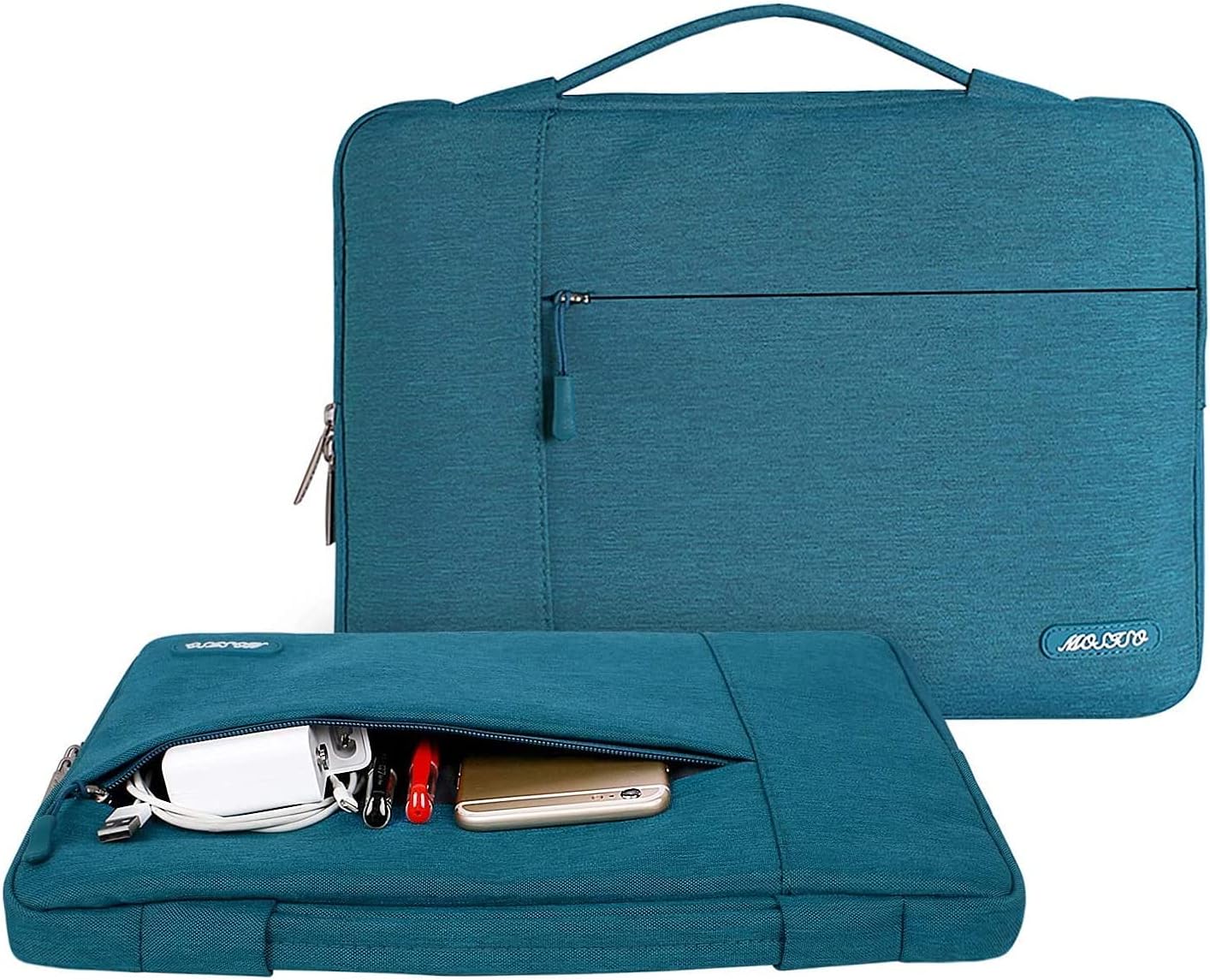 Angle. mosiso - 13.3-inch Slim Laptop Sleeve with Handle, Shock-Resistant Bubble Foam, Two Exterior Pockets - Teal Green.