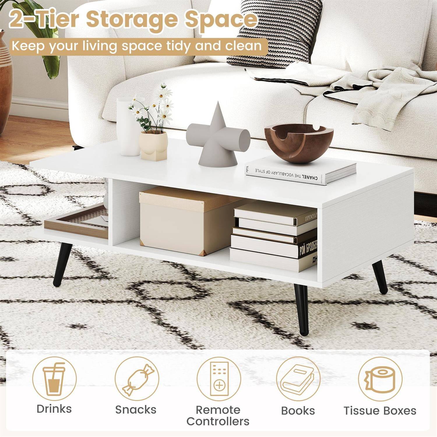 2-Tier Storage Space  
Keep your living space tidy and clean  

- Drinks  
- Snacks  
- Remote Controllers  
- Books  
- Tissue Boxes