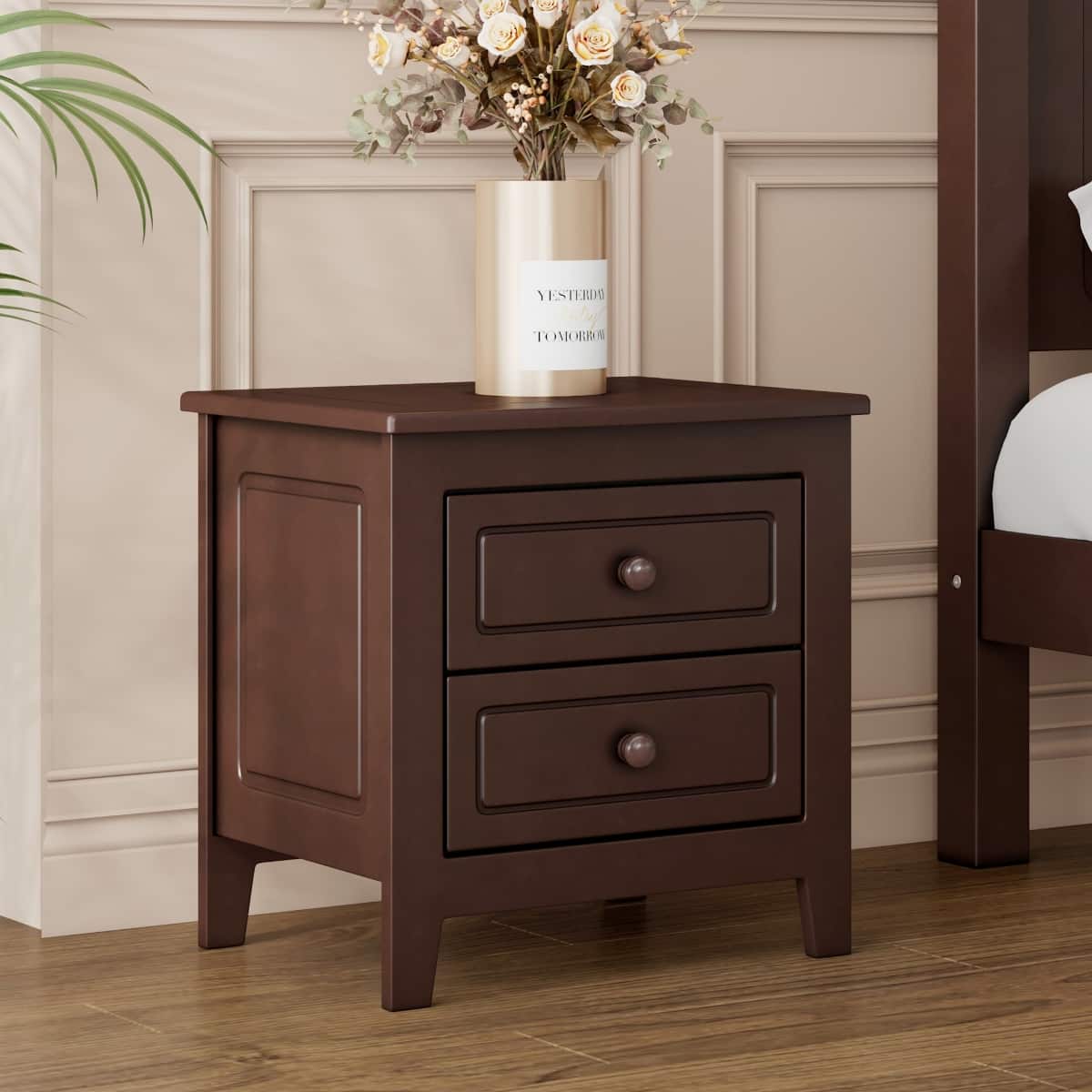 Loheer - 2 Drawer Nightstand, Mid Century Bedside Table with Storage - Walnut