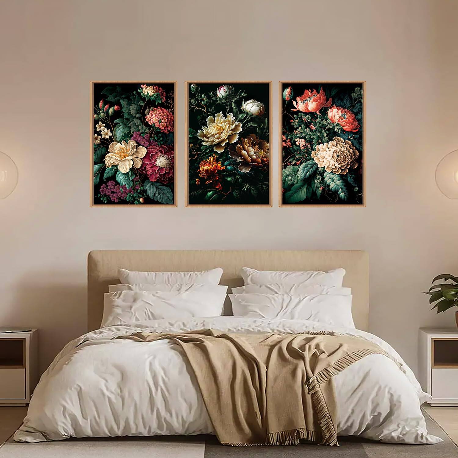 Back. Fabibe - Moody Floral Wall Art Canvas Set, Framed Dark Botanical Wall Painting, Large Black Academia Wall Painting, Academia Art - Dark Botanical 16"L x 24"W.