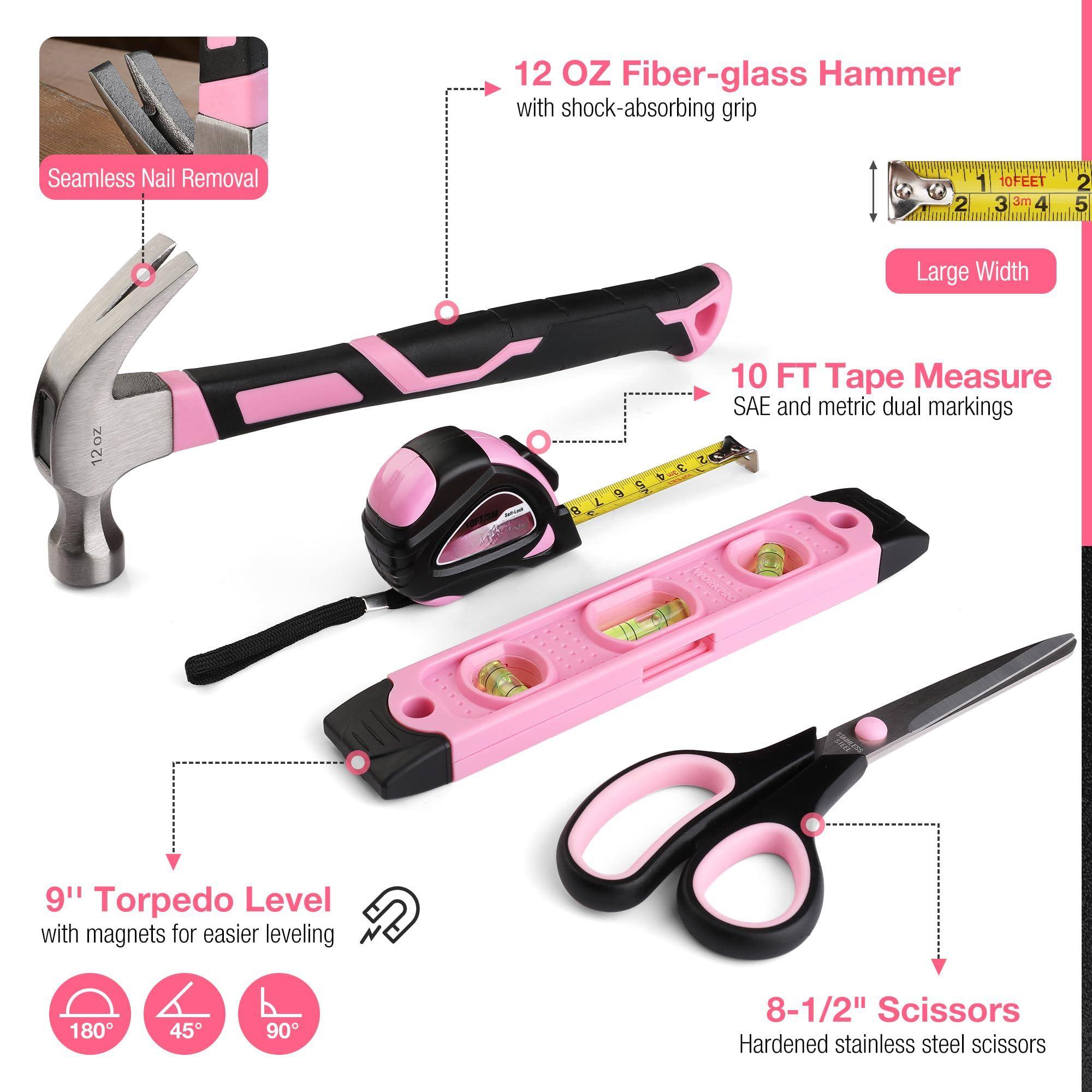 12 oz Fiber-glass Hammer with shock-absorbing grip  
Seamless Nail Removal  
Large Width  

10 FT Tape Measure  
SAE and metric dual markings  

9" Torpedo Level  
with magnets for easier leveling  
180° 45° 90°  

8-1/2" Scissors  
Hardened stainless steel scissors