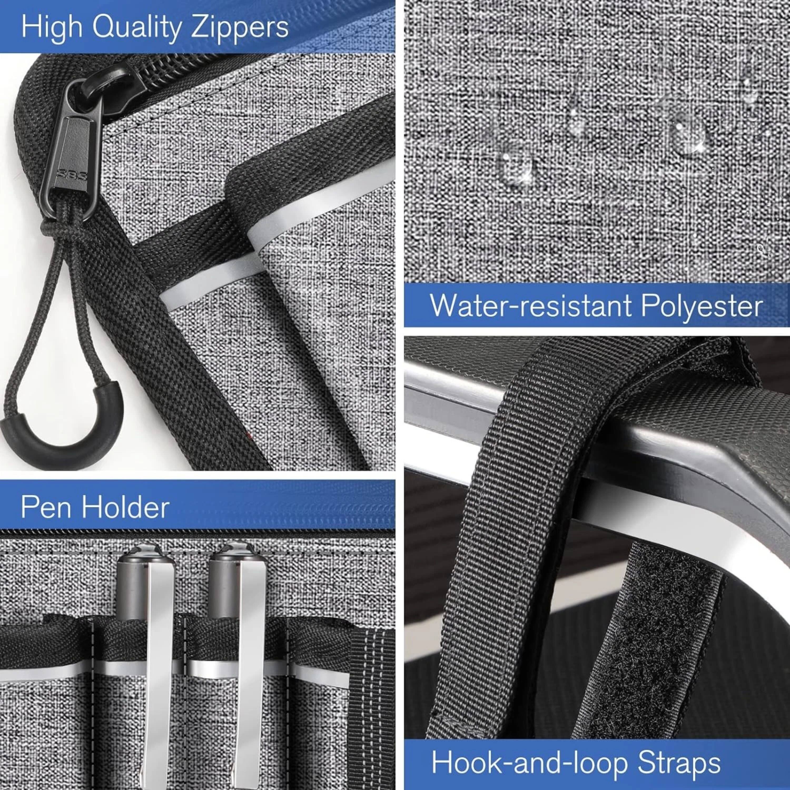 High Quality Zippers  
Water-resistant Polyester  
Pen Holder  
Hook-and-loop Straps