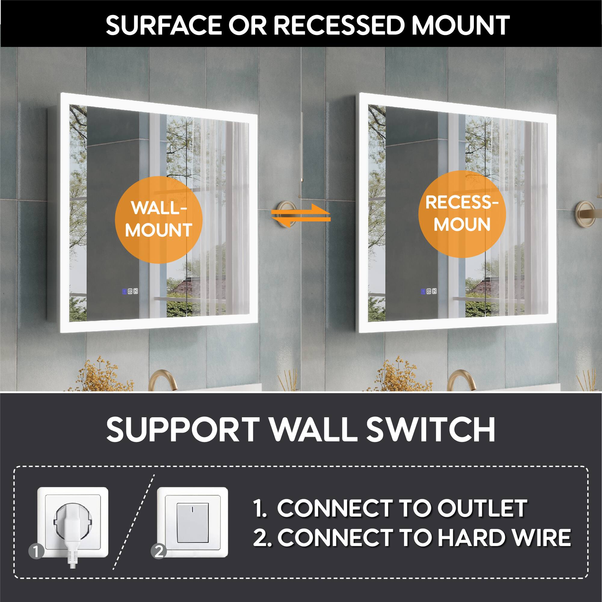SURFACE OR RECESSED MOUNT

WALL-MOUNT

RECESS-MOUNT

SUPPORT WALL SWITCH

1. CONNECT TO OUTLET

2. CONNECT TO HARD WIRE