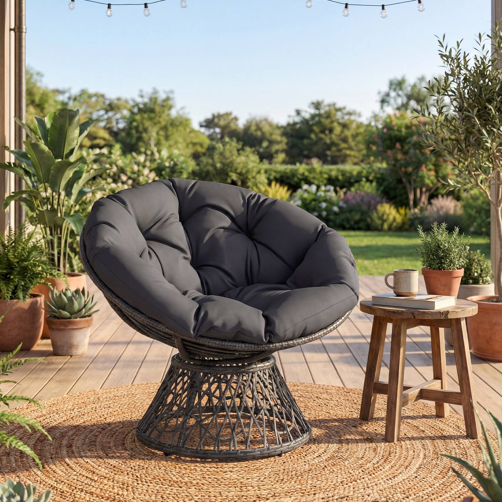 Alt View 3. Gymax - Gymax 360-DegreeSwivel Papasan Chair Round Wicker Lounge Chair w/Thick Cushion&Metal Frame Gray - Grey.