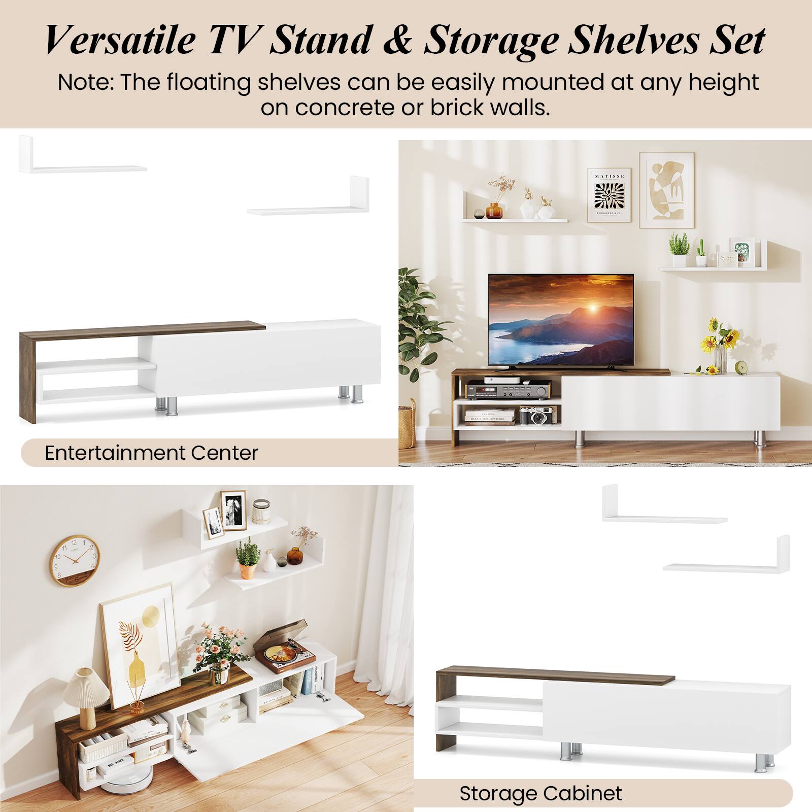 Versatile TV Stand & Storage Shelves Set Note: The floating shelves can be easily mounted at any height on concrete or brick walls. | Entertainment Center | Storage Cabinet