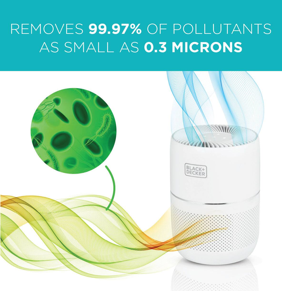 REMOVES 99.97% OF POLLUTANTS AS SMALL AS 0.3 MICRONS, BLACK+DECKER