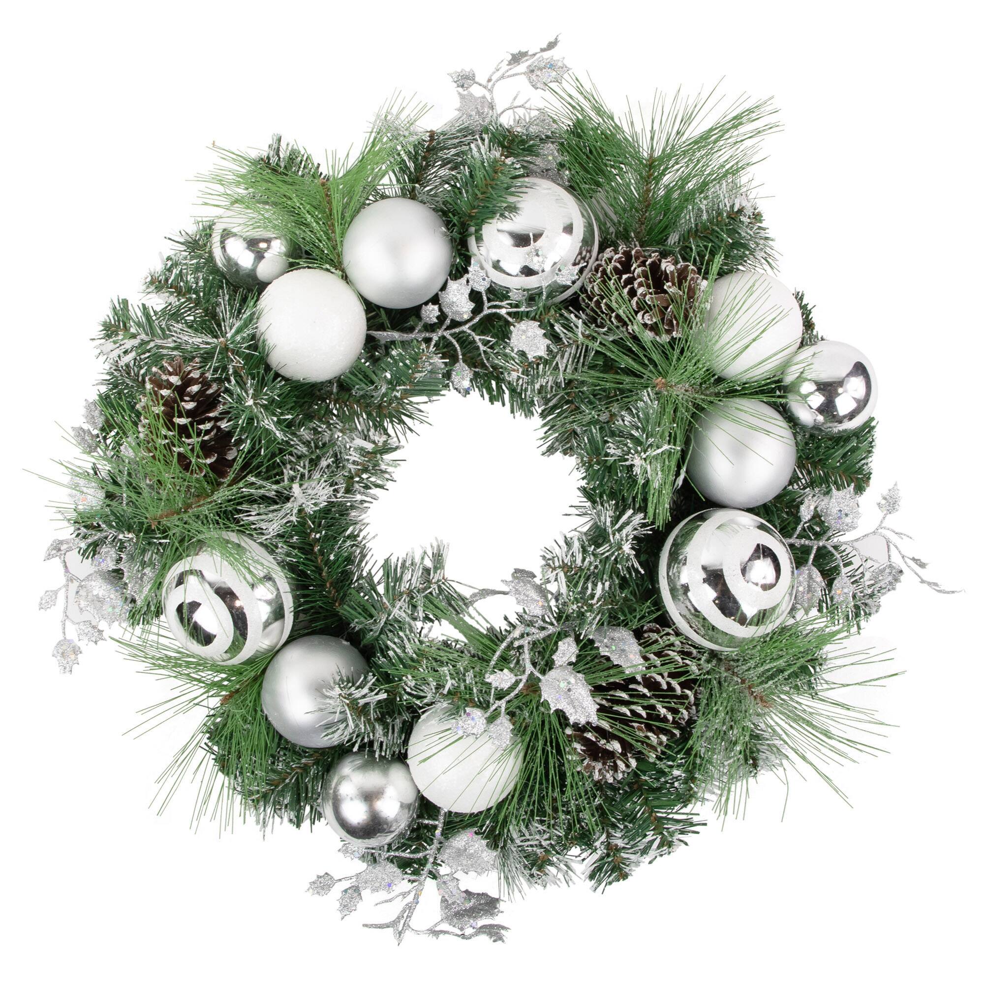 Northlight - Green Pine Needle Wreath with Pinecones and Christmas Ornaments, 24-Inch, Unlit - White