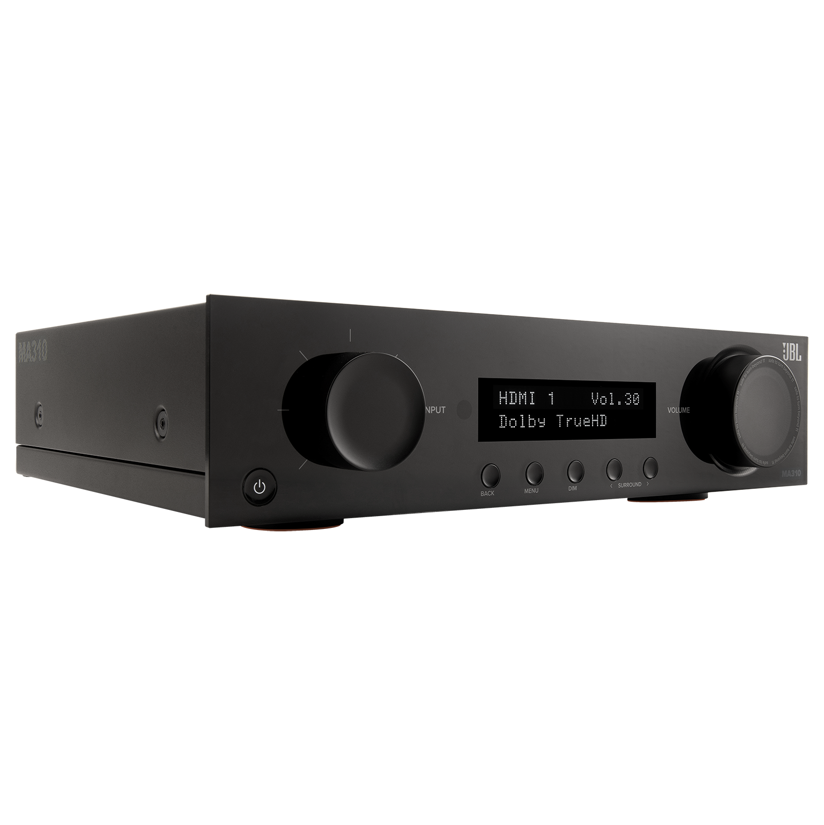 The text on the image reads: "M30 JBL Input HDMI 1 Vol.30 Dolby TrueHD Volume Dala Menl - . Surround 131."