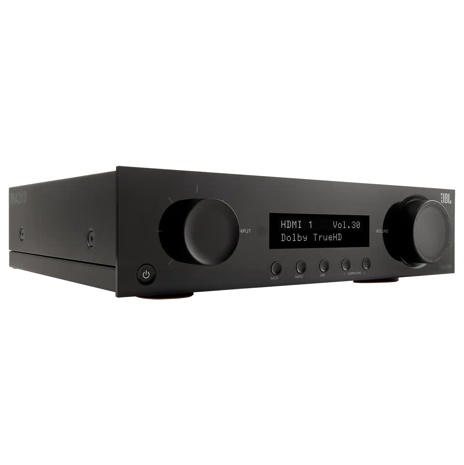 The text on the image reads: "M30 JBL Input HDMI 1 Vol.30 Dolby TrueHD Volume Dala Menl - . Surround 131."