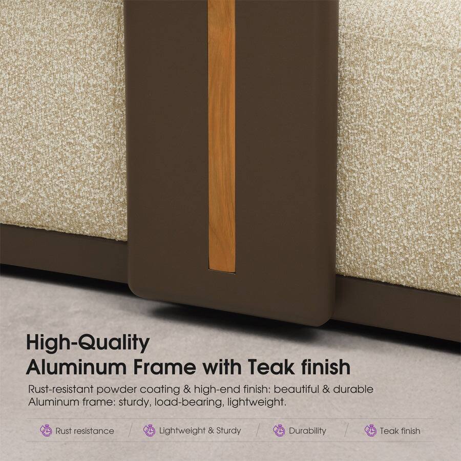 High-Quality Aluminum Frame with Teak finish

Rust-resistant powder coating & high-end finish: beautiful & durable

Aluminum frame: sturdy, load-bearing, lightweight

Rust resistance / Lightweight & Sturdy / Durability / Teak finish