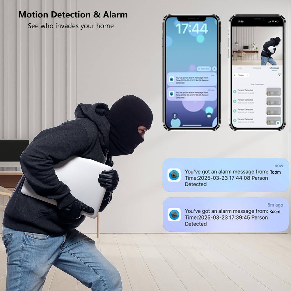 Motion Detection & Alarm  
See who invades your home  

17:44 now  

You've got an alarm message from: Room  
Time: 2025-03-23 17:44:08  
Person Detected  

You've got an alarm message from: Room  
Time: 2025-03-23 17:39:45  
Person Detected