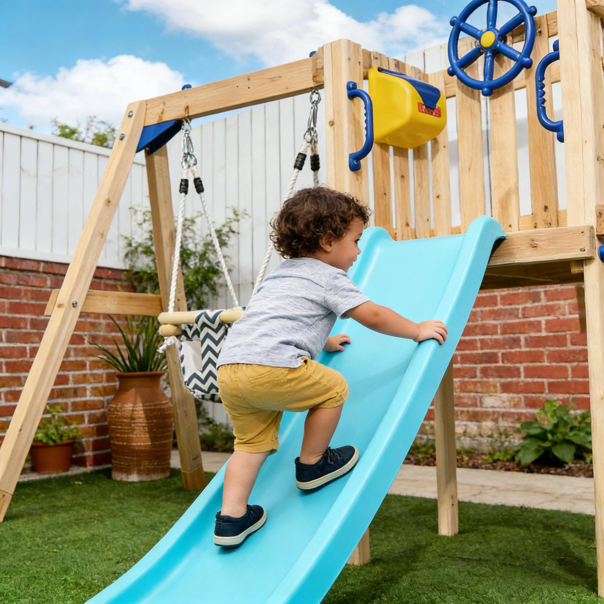 Left. Siljoy - Wooden Toddler Playset, Swing, Slide & Fort, 220 lb Capacity, for Ages 1.5‑4 Years, Outdoor Backyard - Blue,Natural,Yellow.