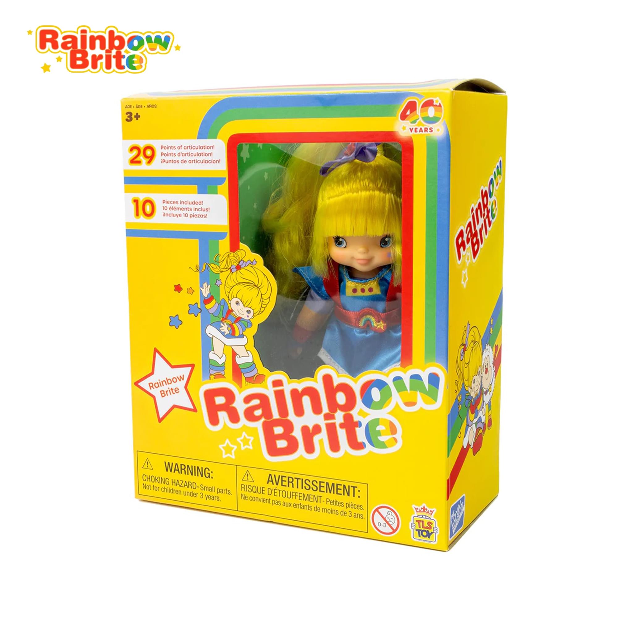 Rainbow Brite  
3+  
29 Points of articulation  
10 Pieces included!  
40 YEARS  
WARNING: CHOKING HAZARD-Small parts. Not for children under 3 years.  
AVERTISSEMENT: RISQUE D'ÉTOUFFEMENT-Petites pièces. Ne convient pas aux enfants de moins de 3 ans.