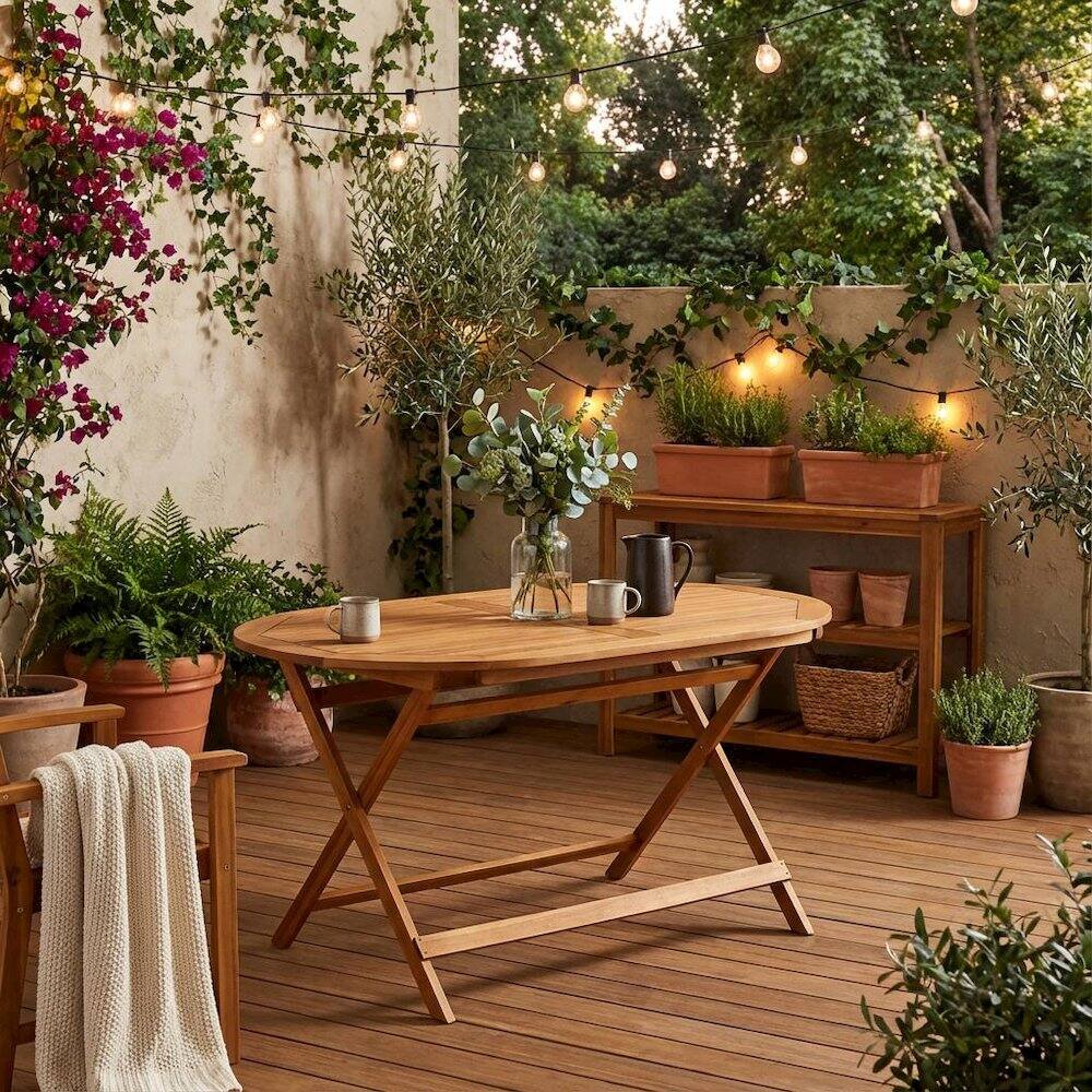 Alt View 3. Outdoor Escape - 7-Piece Warm-Tone Oil Patio Dining Set with Weatherproof Wood and 6 Chairs - Brown.