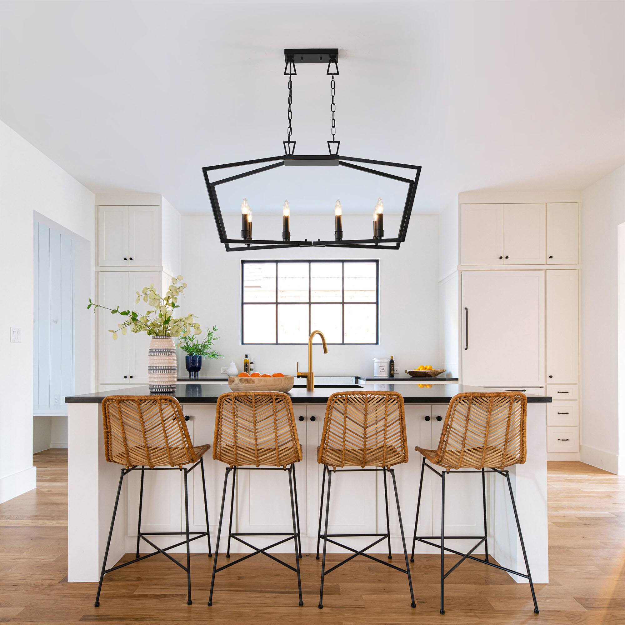 Left. RYHNUYNE - 8-Light Kitchen Island Linear Chandelier, Large Farmhouse Chandelier for Dining Room, Industrial Pendant Light Fixture - Black.