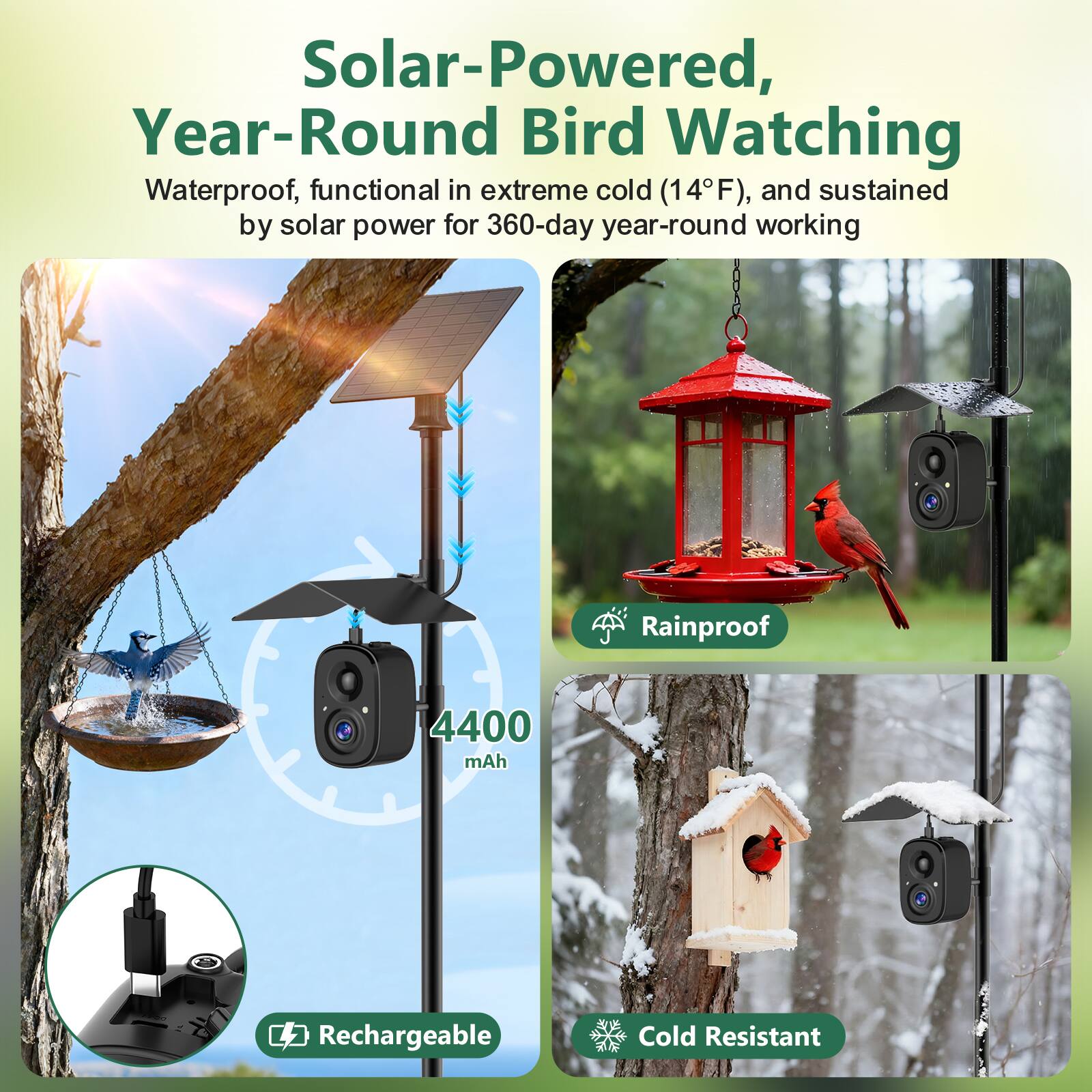 Solar-Powered, Year-Round Bird Watching

Waterproof, functional in extreme cold (14°F), and sustained by solar power for 360-day year-round working

- Rainproof
- 4400 mAh Rechargeable
- Cold Resistant