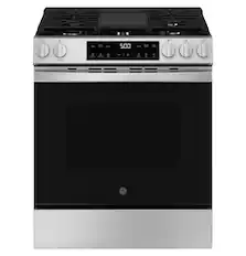 Front. GE - 30 in. Wide 5 Burners 5.3 Cu. Ft. Slide In Gas Range with Steam Cleaning and Crisp Mode - Stainless Steel.