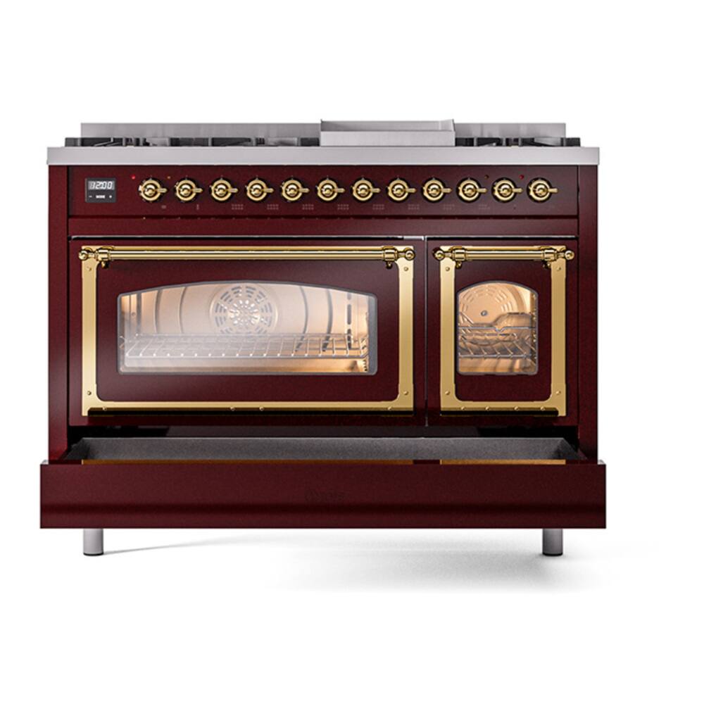 Alt View 8. ILVE - ILVE Nostalgie II Series 48 in. Dual Fuel Range with 8 Sealed Burners + Griddle (Liquid Propane, Brass Trim) - Burgundy.