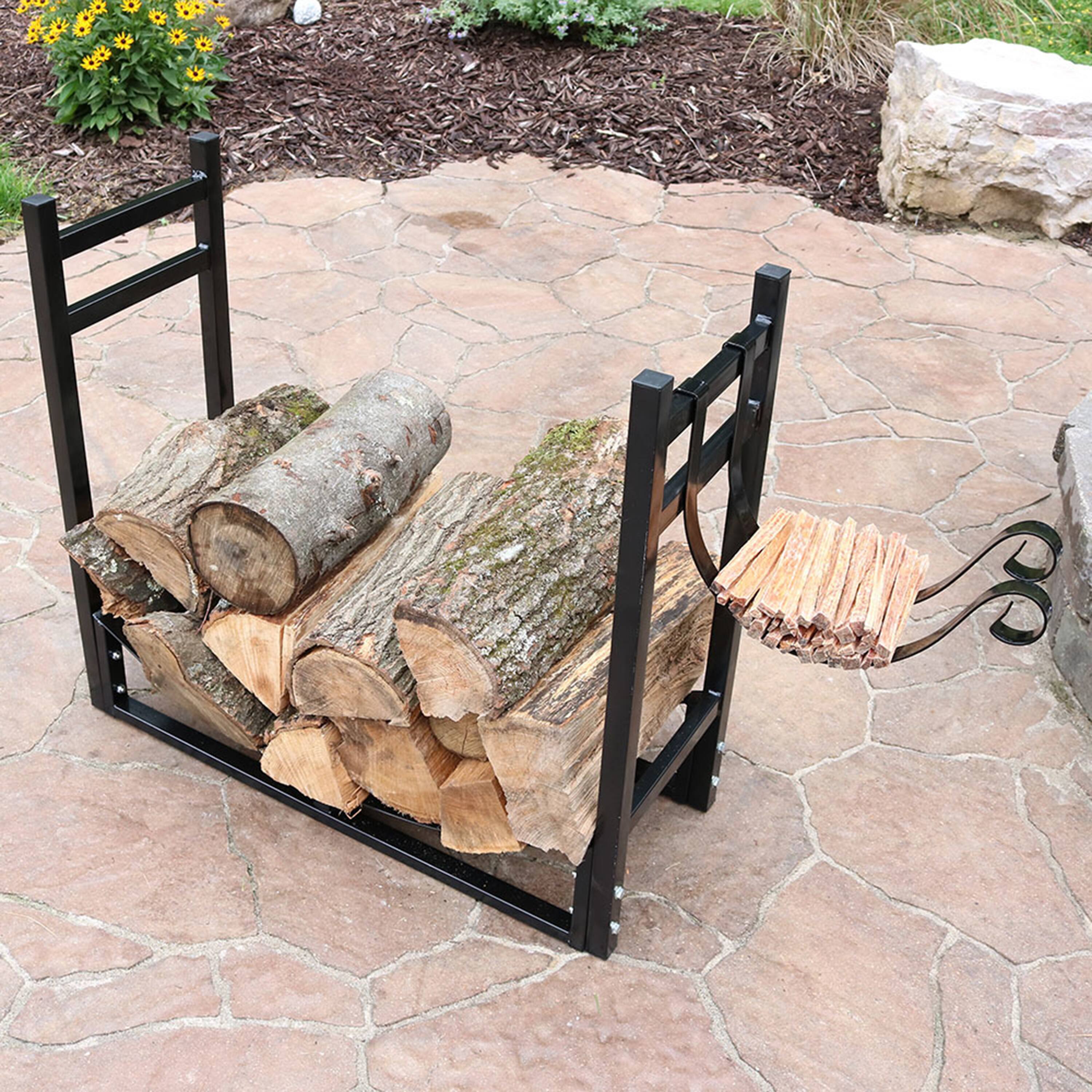 Alt View 1. Sunnydaze - 33 in Steel Firewood Log Rack with Kindling Holder - Black.