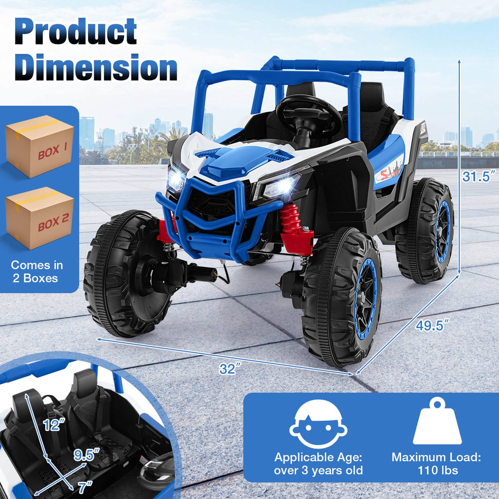 Product Dimension

- BOX 1
- BOX 2
- Comes in 2 Boxes

Dimensions:
- 49.5" (length)
- 32" (width)
- 31.5" (height)

Interior Dimensions:
- 12" (width)
- 9.5" (depth)
- 7" (height)

Applicable Age: over 3 years old

Maximum Load: 110 lbs