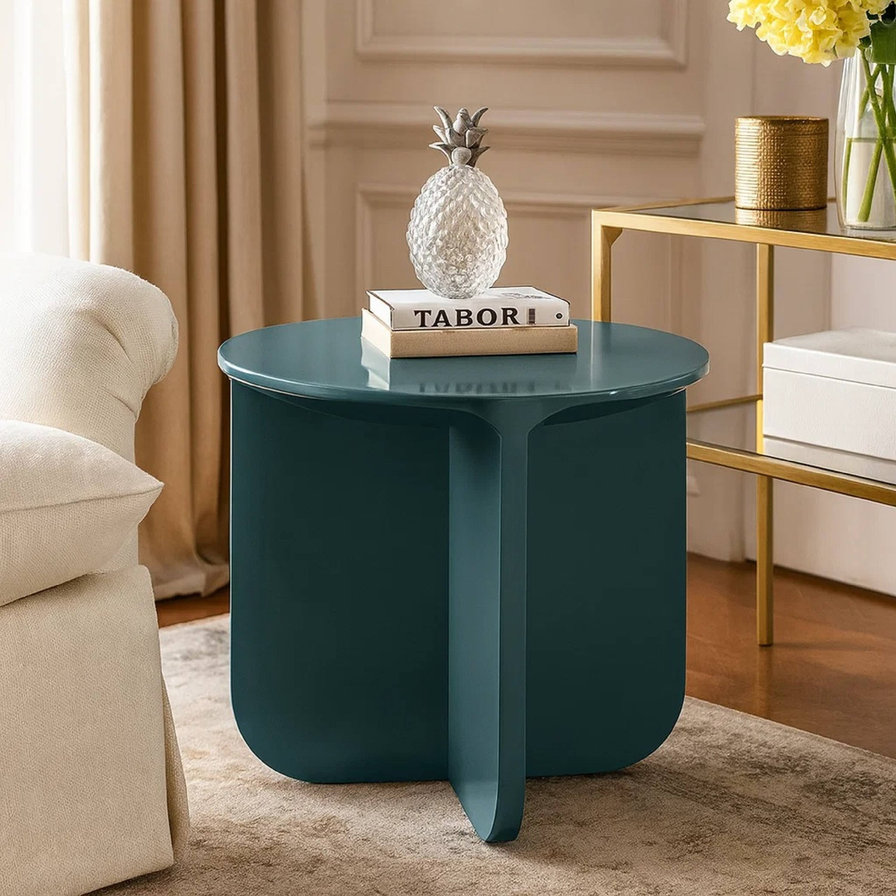 Alt View 5. Manhattan Lane - Lemy Side End Table. 20 Inch Round Top with Pedestal Base, Teal Blue Wood - Teal Blue.
