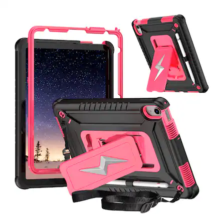 Front. Dteck - Rugged Shockproof Case For Apple iPad (A16) 11" 2025/10th 2022 Fold Kickstand Cover with Shoulder Strap for Kids - Blackrose.