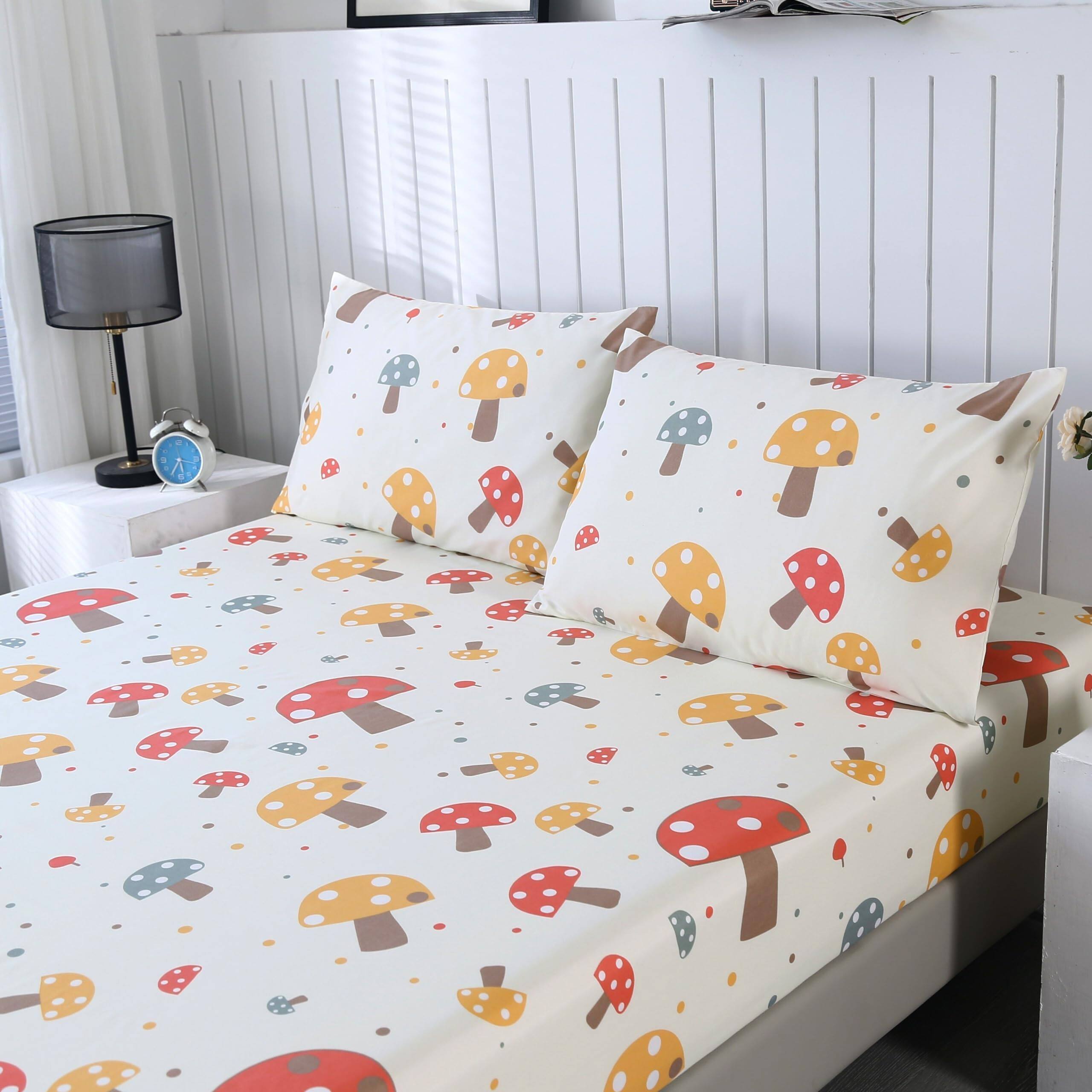 Alt View 1. Fabibe - Cute Mushroom Fitted Sheet With 2 Pillowcases Not Including Flat Soft Microfiber Deep Pocket Sheets For - Mushroom-Full.