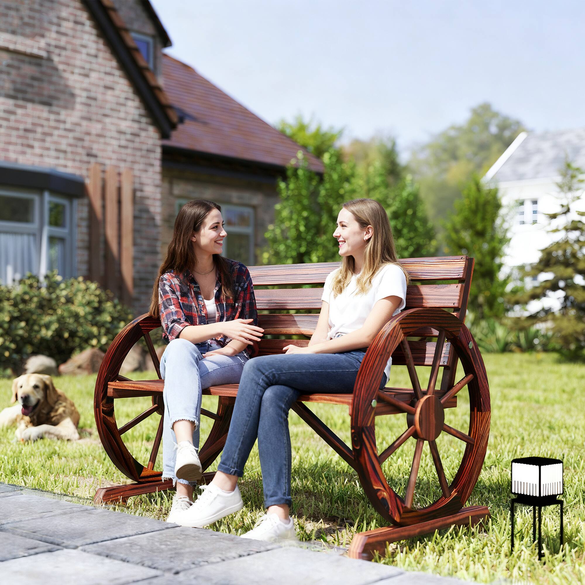 Alt View 1. Outsunny - 41" Wooden Wagon Wheel Bench, Rustic Outdoor Patio Weather Resistance Furniture, 2-Seat Bench with Backrest - Brown.