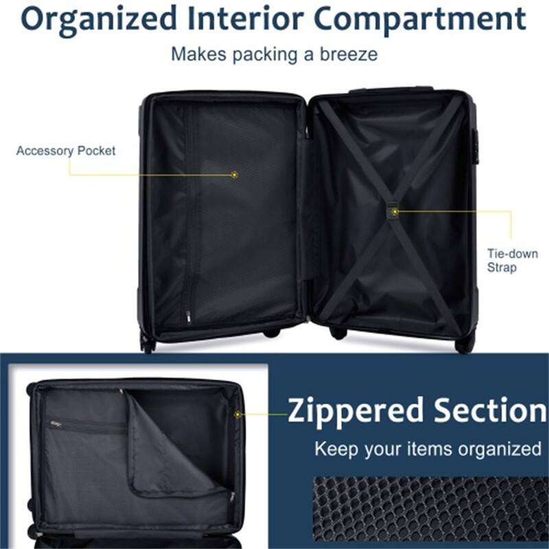 Organized Interior Compartment  
Makes packing a breeze  

Accessory Pocket  
Tie-down Strap  
Zippered Section  
Keep your items organized