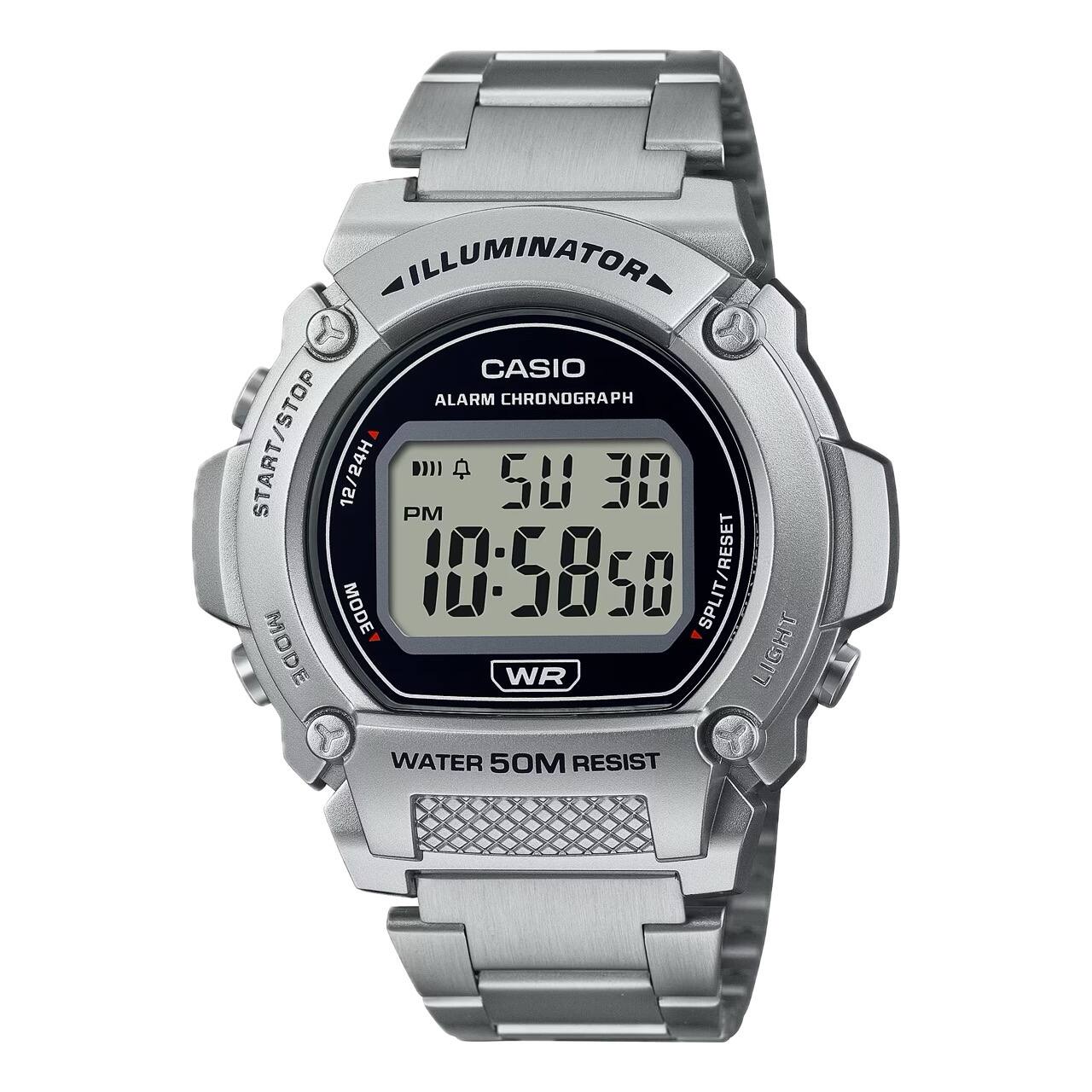 ILLUMINATOR  
CASIO  
ALARM CHRONOGRAPH  
START/STOP  
12/24H  
PM  
50 30  
MODE  
10:5850  
SPLIT/RESET  
MODE  
WR LIGHT  
WATER 50M RESIST