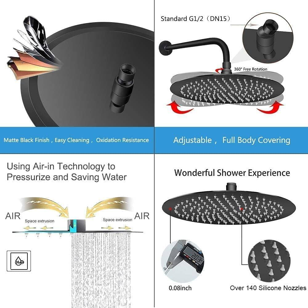 - Standard G1/2 (DN15)
- Matte Black Finish, Easy Cleaning, Oxidation Resistance
- 360° Free Rotation
- Adjustable, Full Body Covering
- Using Air-in Technology to Pressurize and Saving Water
- Wonderful Shower Experience
- AIR Space Extrusion
- 0.08inch
- Over 140 Silicone Nozzles