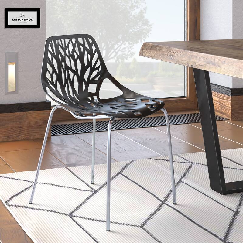 Angle. LeisureMod - Asbury Stackable Modern Dining Chair with Cut Out Design and Chrome Legs Side Chair for Home Living Room - Black.