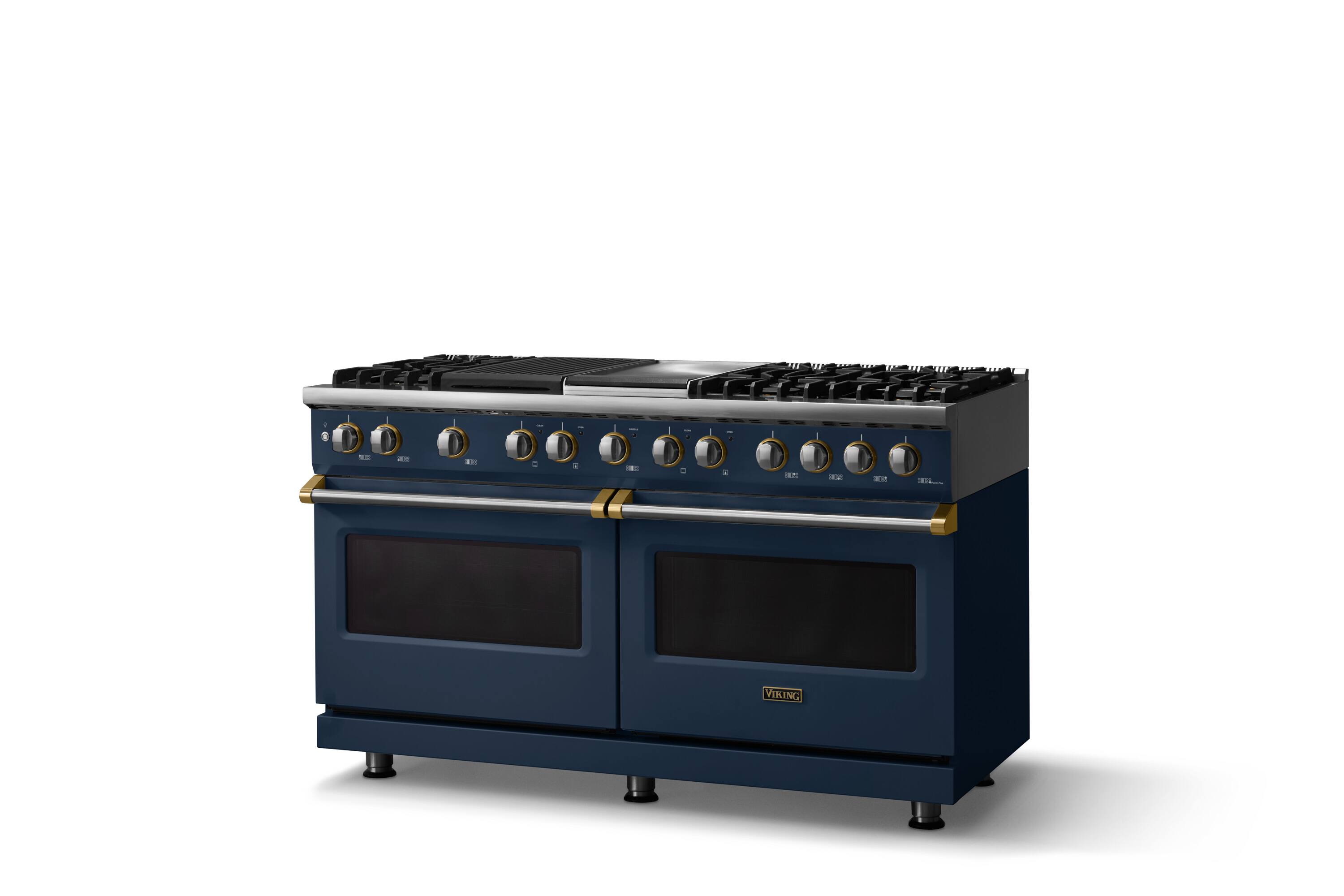 Angle. Viking - Pro 5 Series 9.4 Cu. Ft. Freestanding Sealed 8B LP DF Convection Range/Grdl/Grill - Slate Blue w. Brushed Brass Trim - Slate Blue.