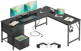 Furnulem - 63 In Gaming Desk with LED Lights Power Outlets Computer Desk with Drawers Printer Stand - Black