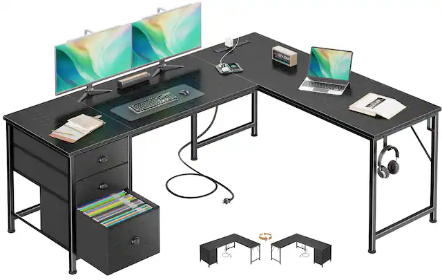 Front. Furnulem - 63 In Gaming Desk with LED Lights Power Outlets Computer Desk with Drawers Printer Stand - Black.